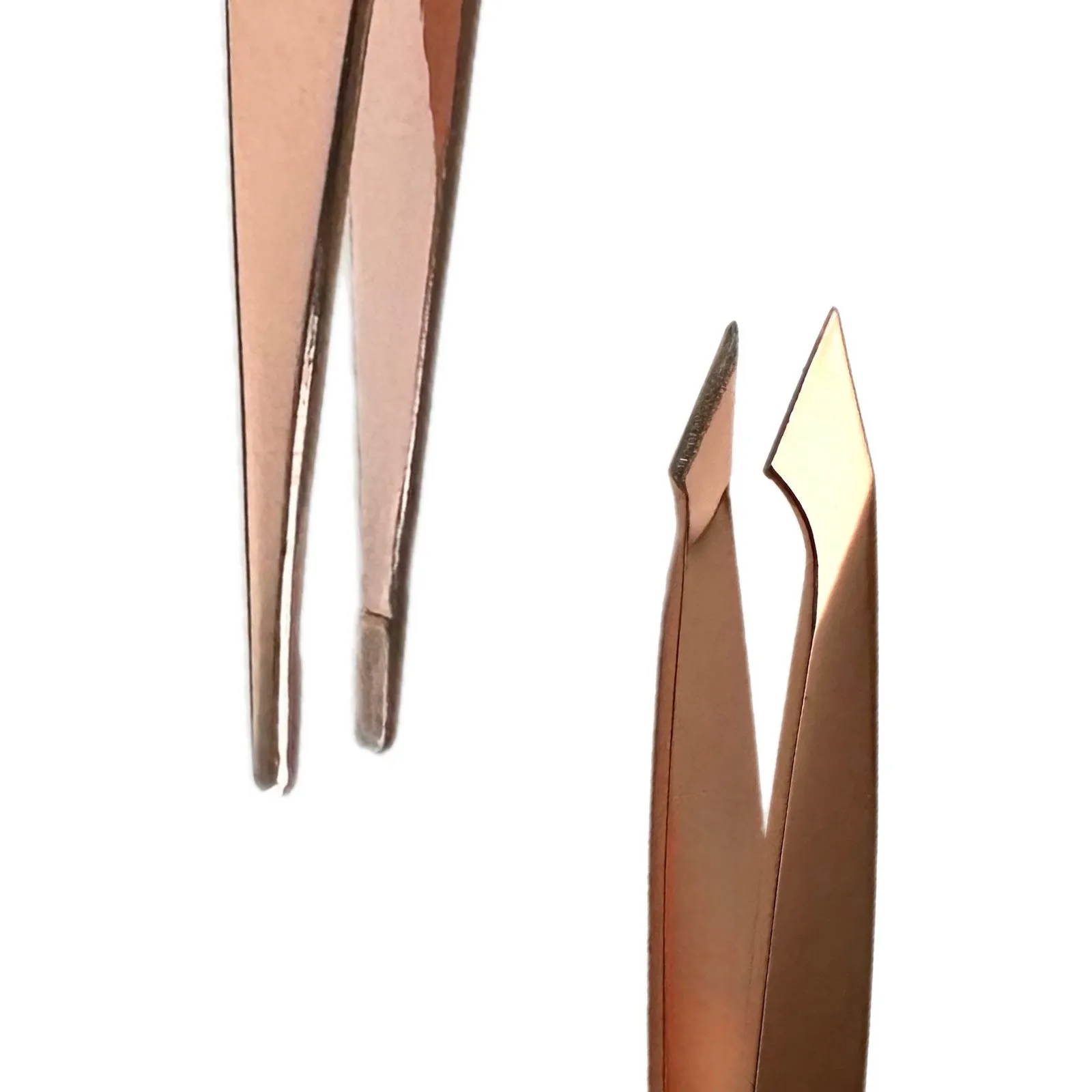 2pc Compact Tweezers Set – Multipurpose Mini Slanted & Pointed Tweezer - Eyebrows Facial Hair Splinter Thorns Ingrown Hair Removal First Aid Kit - Professional Stainless Steel Rose Gold