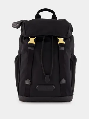 Black Leather-Trimmed Drawstring Backpack