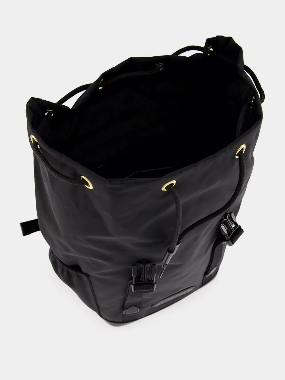 Black Leather-Trimmed Drawstring Backpack