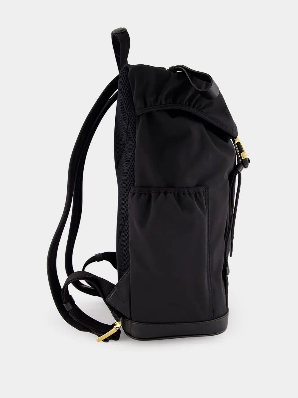 Black Leather-Trimmed Drawstring Backpack