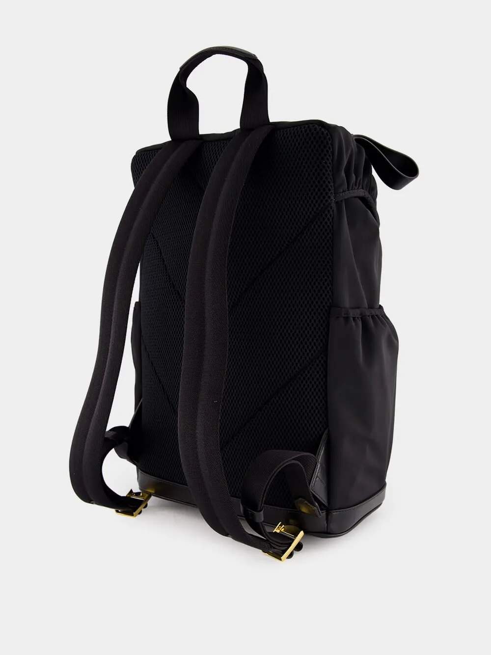 Black Leather-Trimmed Drawstring Backpack