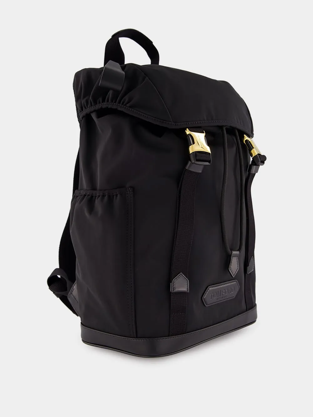 Black Leather-Trimmed Drawstring Backpack