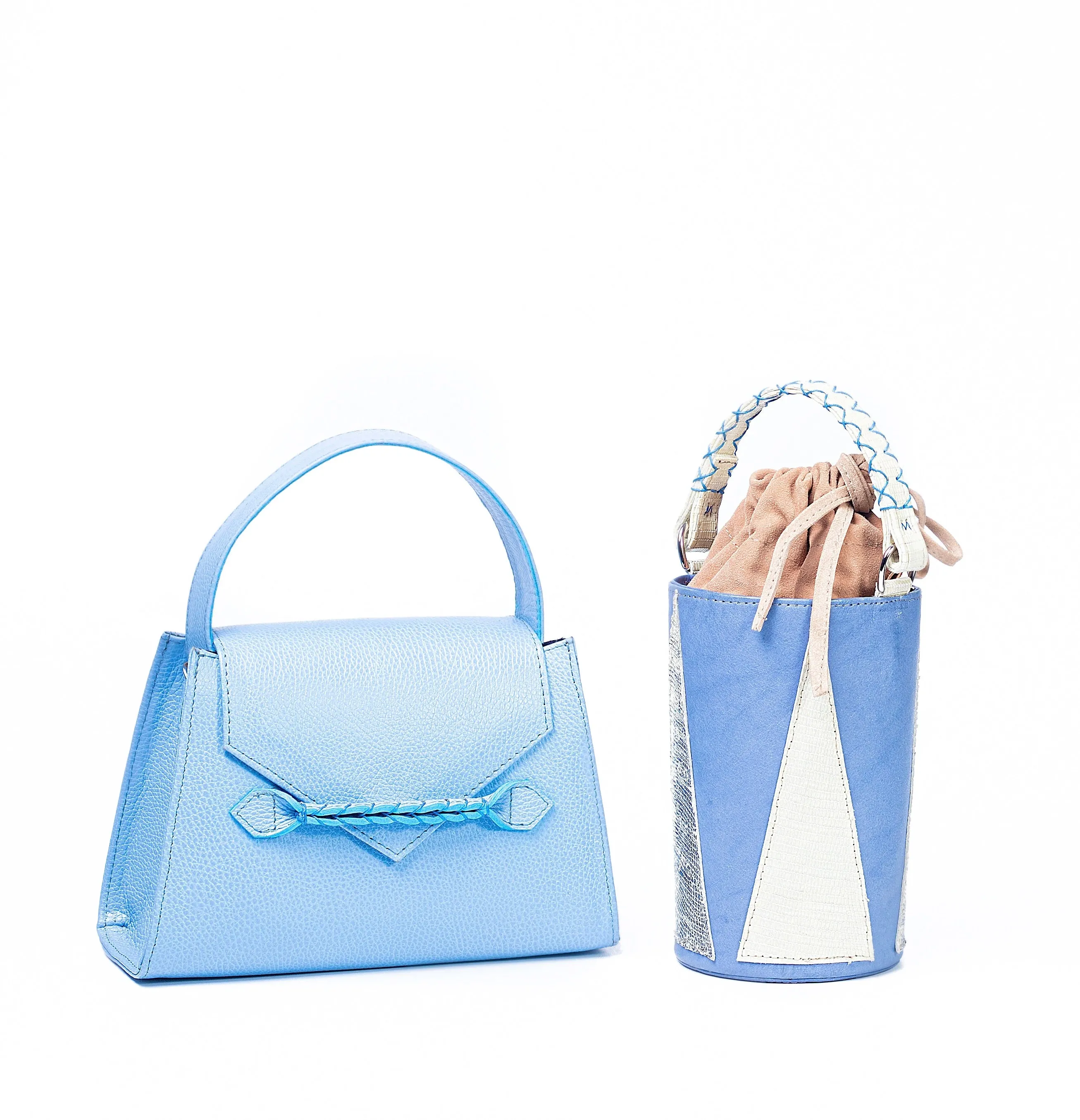 BLUE AND CREAM LEELY MINI BUCKET BAG