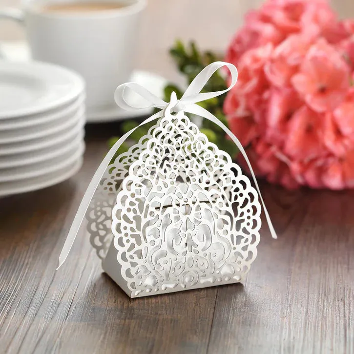 Boho Moroccan White Laser Cut Paper Wedding Party Favor Box (25 Boxes)