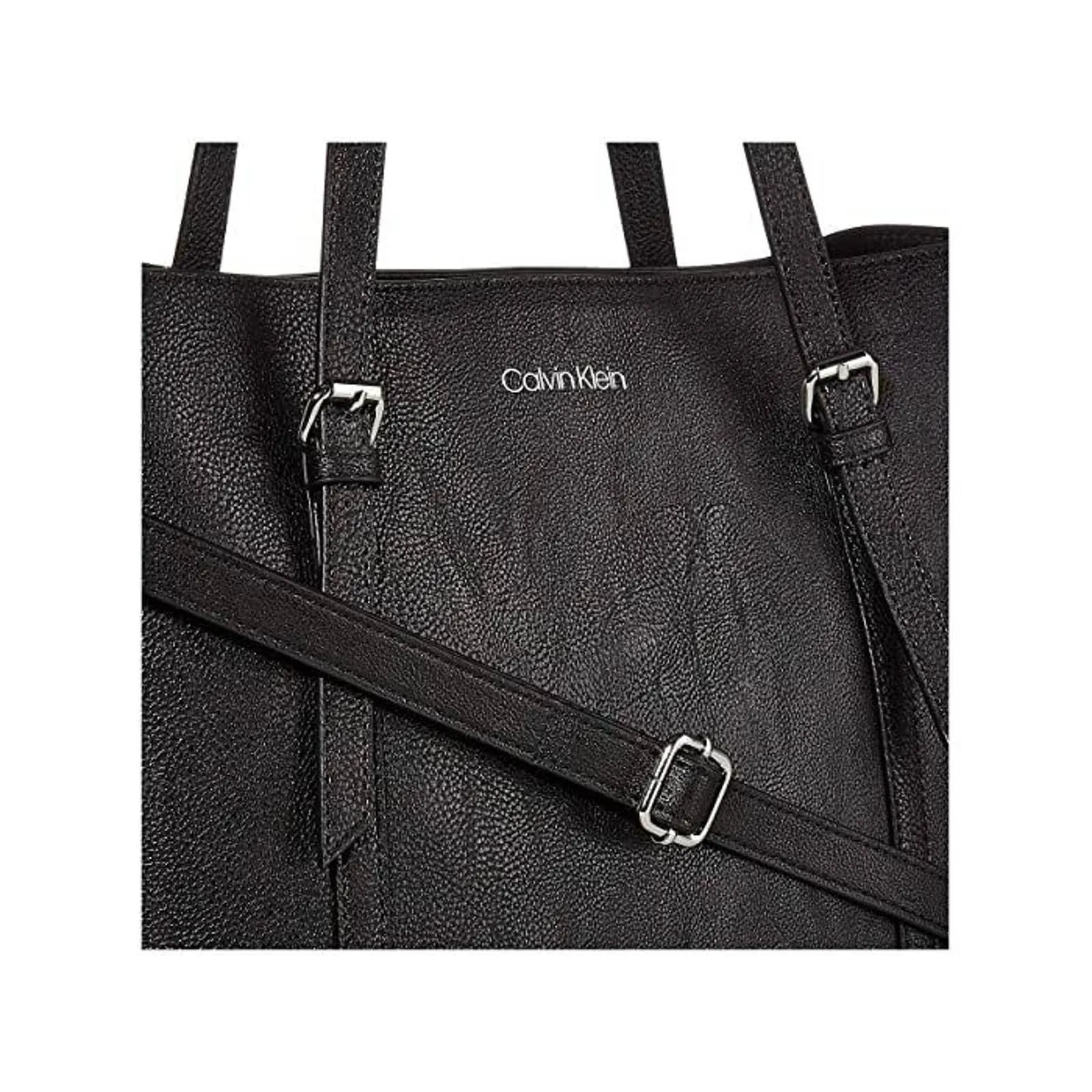 CALVIN KLEIN PYC EAST WEST LEATHER TOTE DOUBLE STRAP, BLACK SILVER