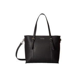 CALVIN KLEIN PYC EAST WEST LEATHER TOTE DOUBLE STRAP, BLACK SILVER