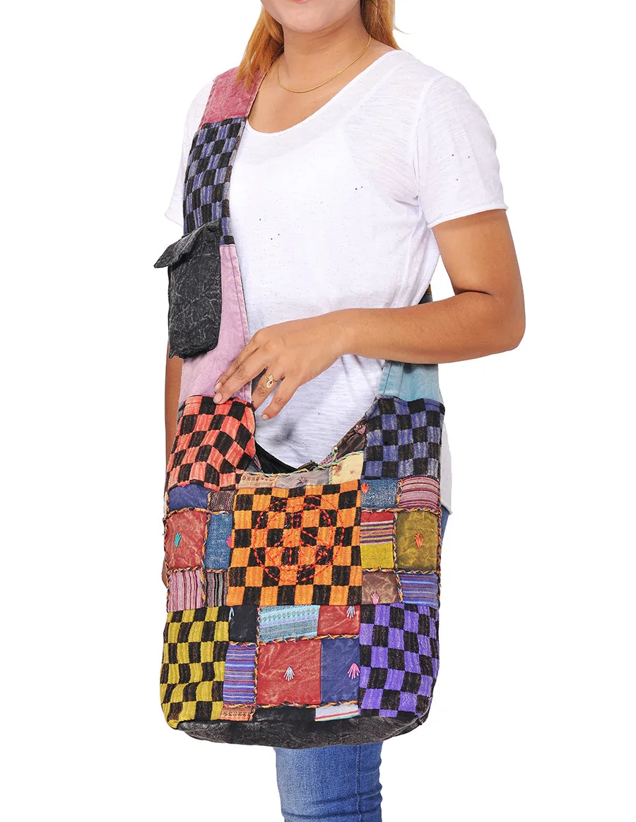 Checkered and Pece Cotton Patch Hobo Bag