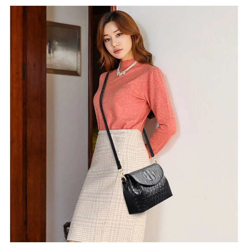 CrocLuxe Exquisite Croc Pattern Leather Flap Shoulder Bag