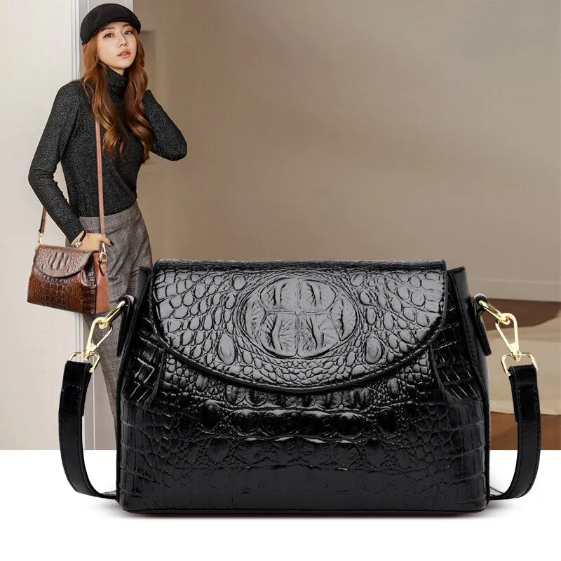 CrocLuxe Exquisite Croc Pattern Leather Flap Shoulder Bag