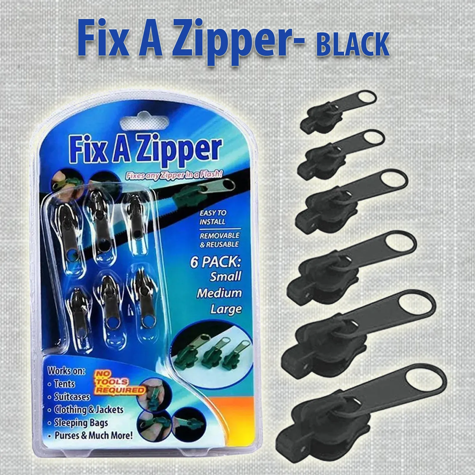 Fix A Zipper- 6 Zippers- Black