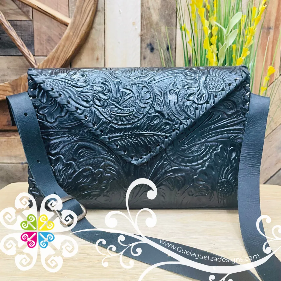 Floral Stamping Leather Crossbody - Carteron de Piel