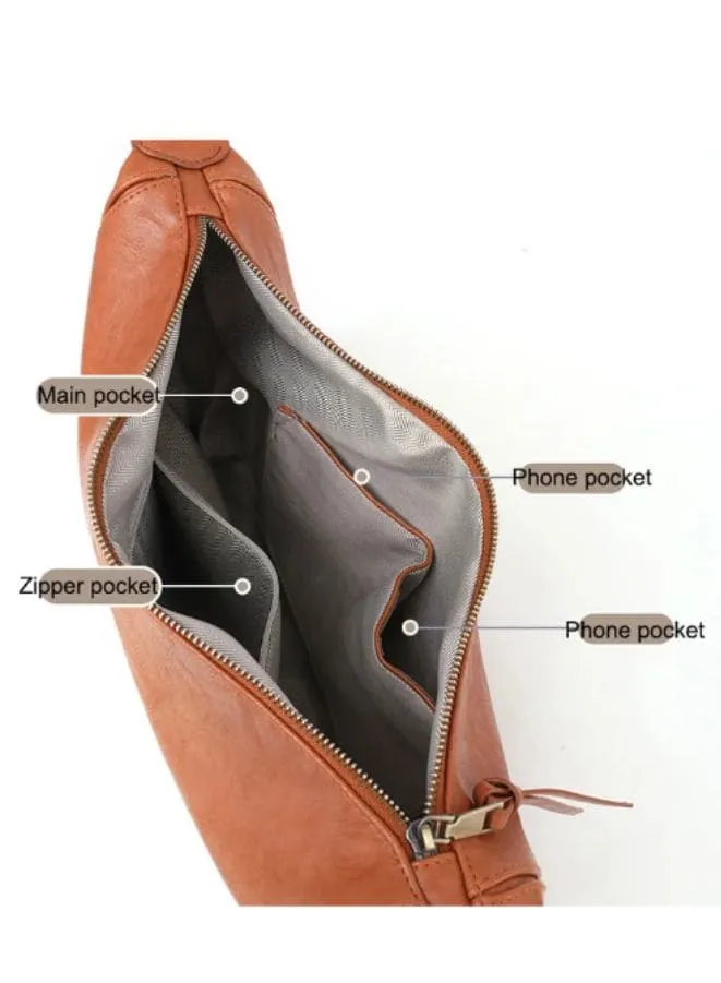 Half Moon Shape Brown Leather Shoulder Bag for Women