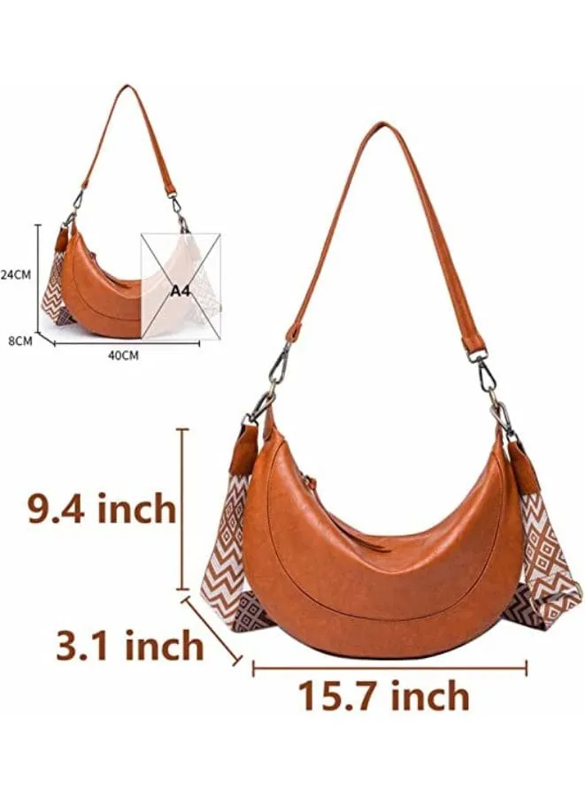 Half Moon Shape Brown Leather Shoulder Bag for Women