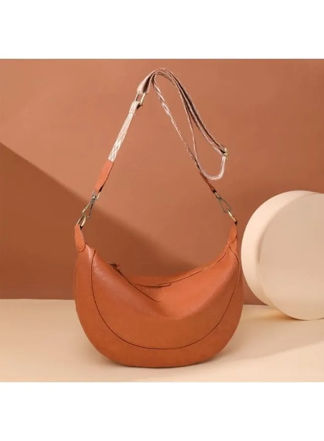 Half Moon Shape Brown Leather Shoulder Bag for Women