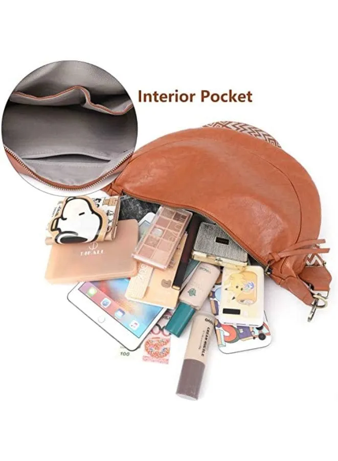 Half Moon Shape Brown Leather Shoulder Bag for Women