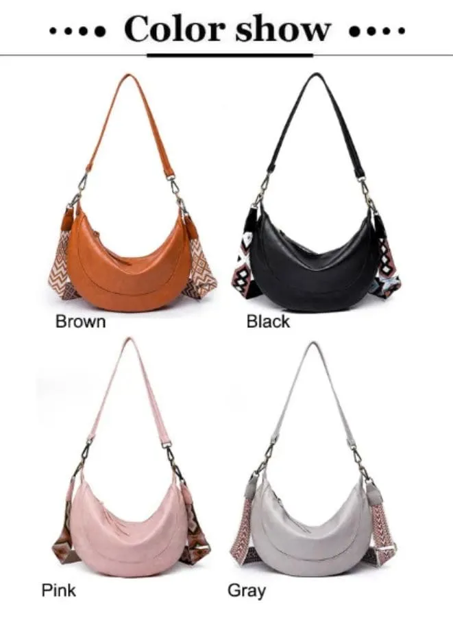 Half Moon Shape Brown Leather Shoulder Bag for Women