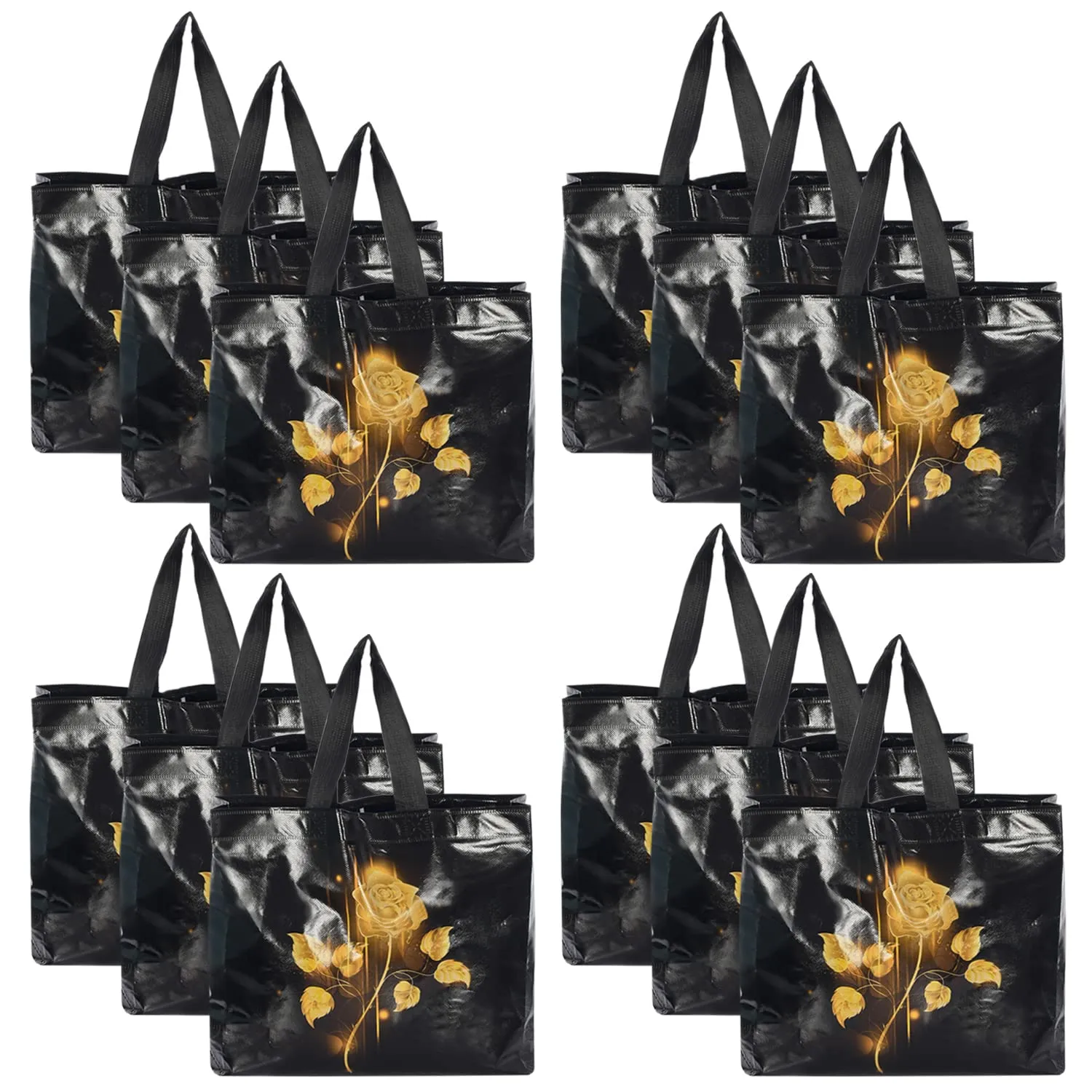 Kuber Industries Rose Printed Laminated Non Woven Party Favor Gift Bag, Tote Bag, Carry Bags with Handles- Pack of 12 (Black)-50KM01134