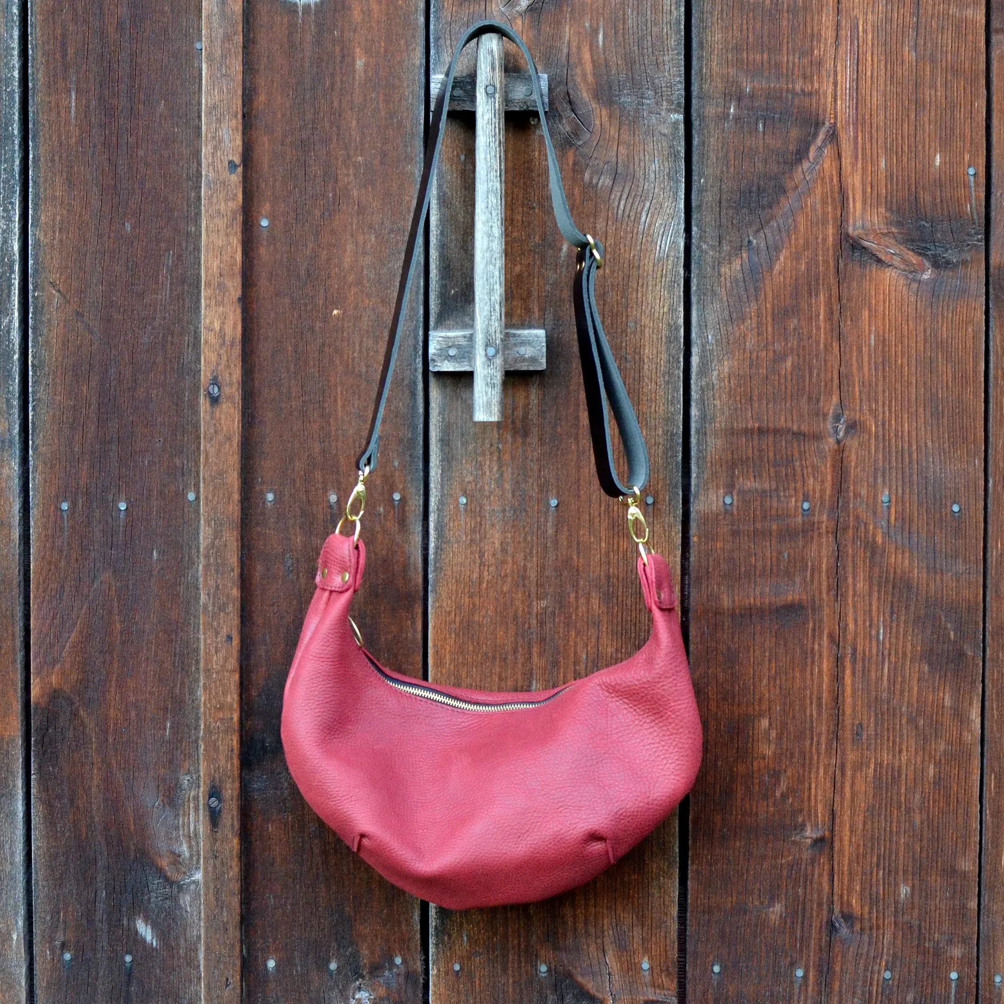 Leather HOBO Crossbody Bag - Red Leather