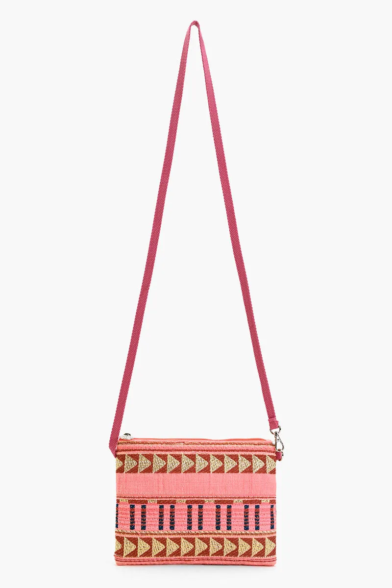 Mexican Striped Spring Top Zip Clutch -Pink and Brown