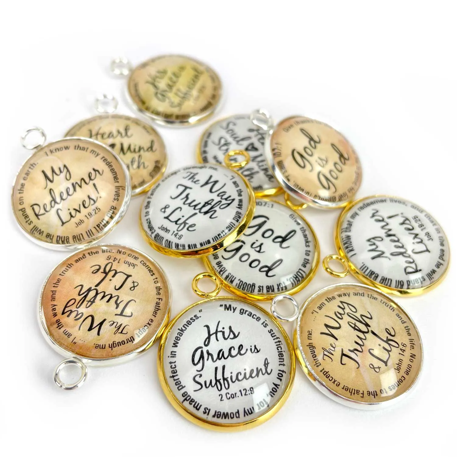 My Redeemer Lives, Heart Soul Mind Strength, God is Good, The Way Truth & Life, His Grace is Sufficient – Scripture Charm Set for Jewelry Making, 20mm, Silver, Gold