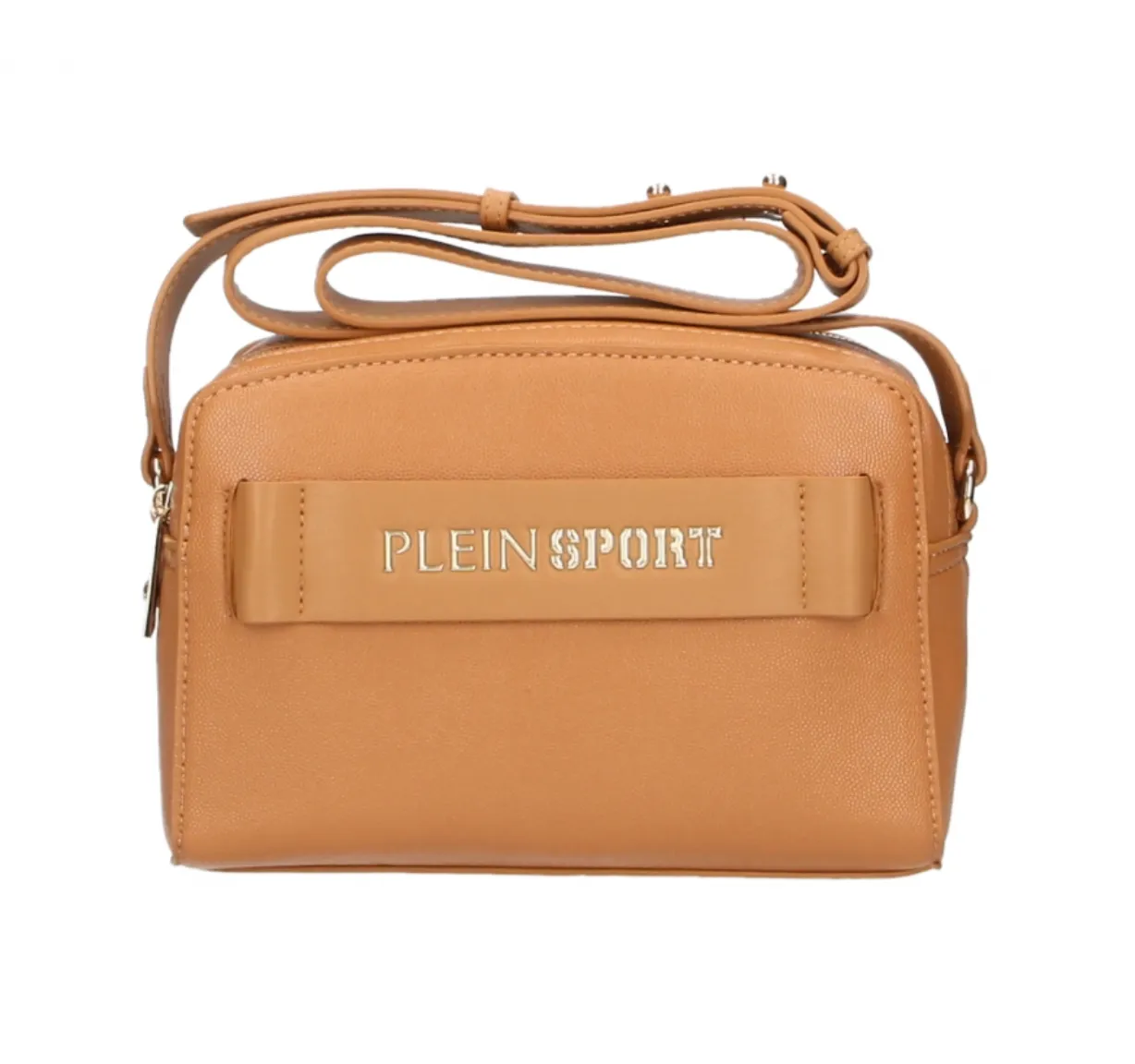 Plein Sport Chic Camel-Toned Crossbody with Double Zip Closure