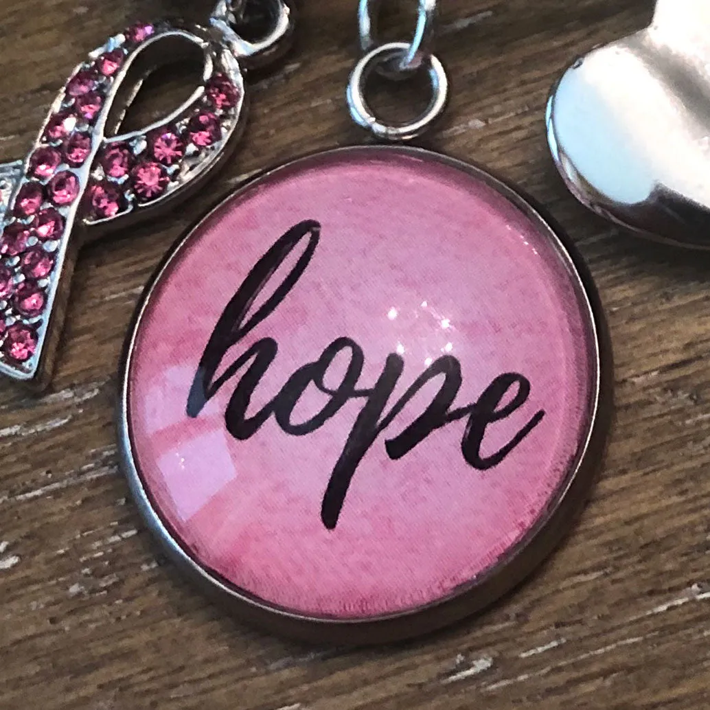 "Hope" Pink Breast Cancer Glass Charm for Jewelry Making, 16 or 20mm, Silver, Gold