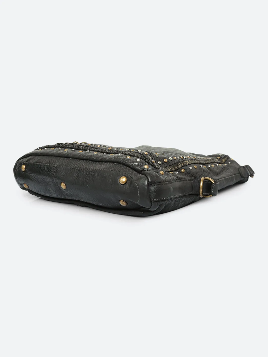 Savio: Black Embellished Hobo Bag In Veg Tan Leather