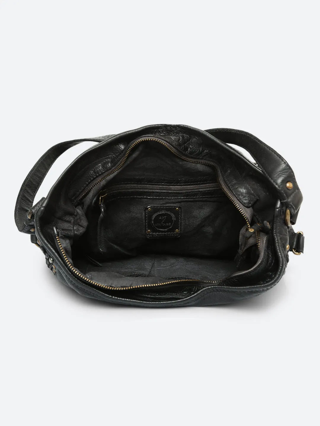 Savio: Black Embellished Hobo Bag In Veg Tan Leather