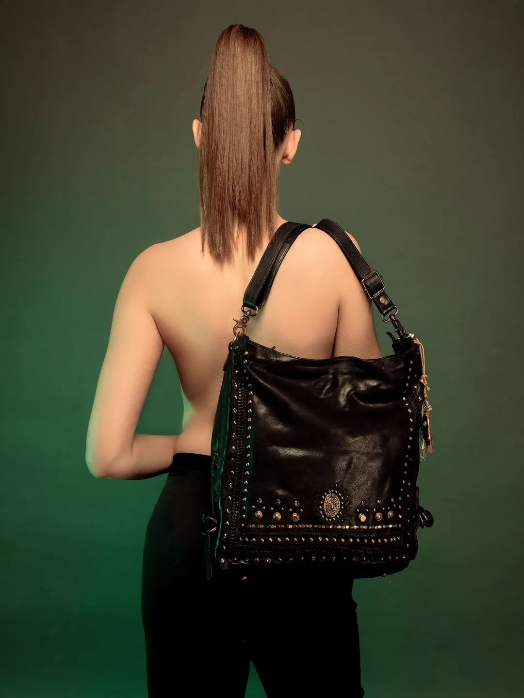 Savio: Black Embellished Hobo Bag In Veg Tan Leather