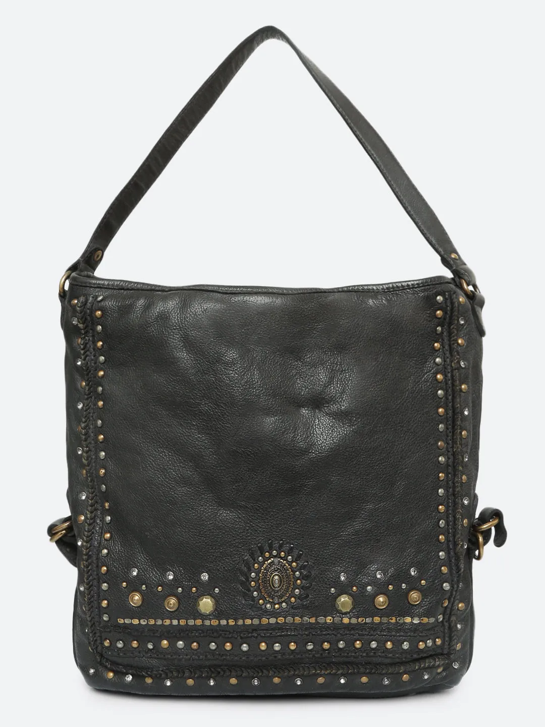 Savio: Black Embellished Hobo Bag In Veg Tan Leather