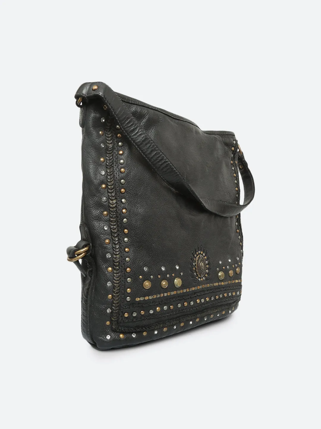 Savio: Black Embellished Hobo Bag In Veg Tan Leather