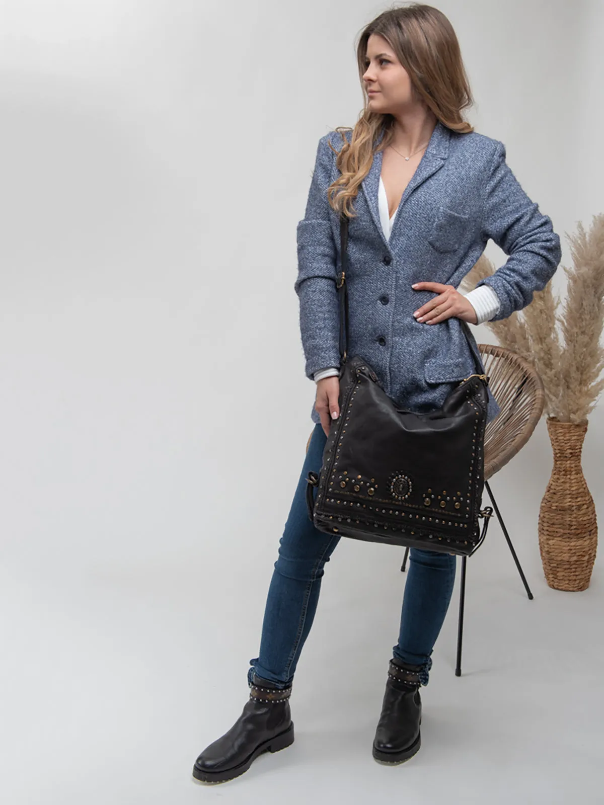 Savio: Black Embellished Hobo Bag In Veg Tan Leather