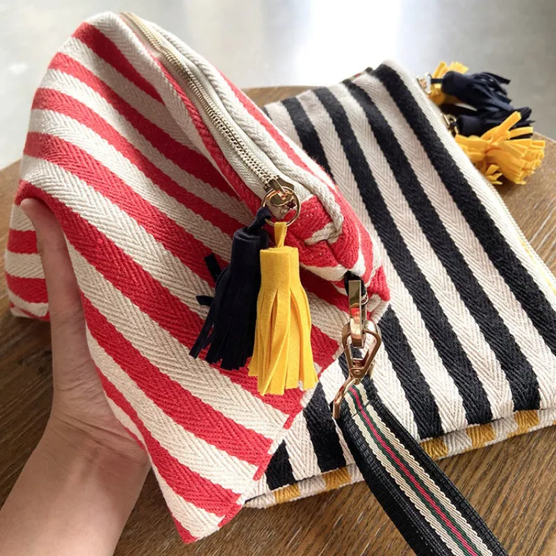 Striped Pattern Makeup Travel Pouches with Pompom Keychains