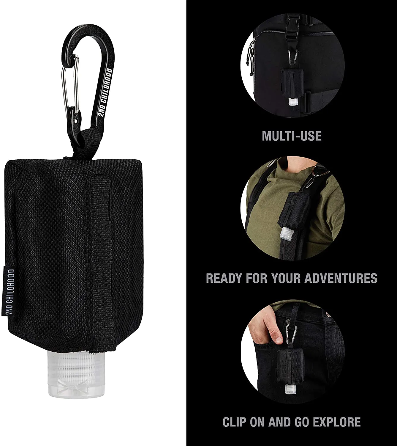 Travel Size Bottle Case, Hand Sanitizer Holder Carrier Bag - Portable Mini Waist Bag for Liquid Storage - Clip on Belt Loop, Backpack and Purse - Includes Empty Flip Cap 2 Oz. Reusable Bottle (Black)