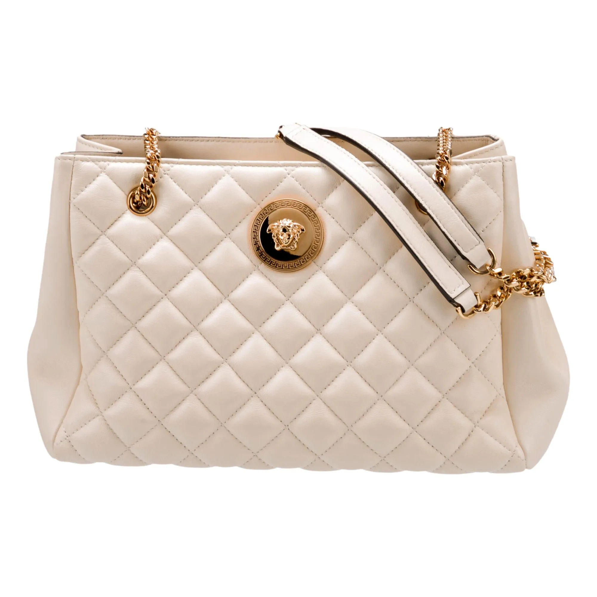 Versace Quilted Ivory La Medusa Chain Strap Tote Bag