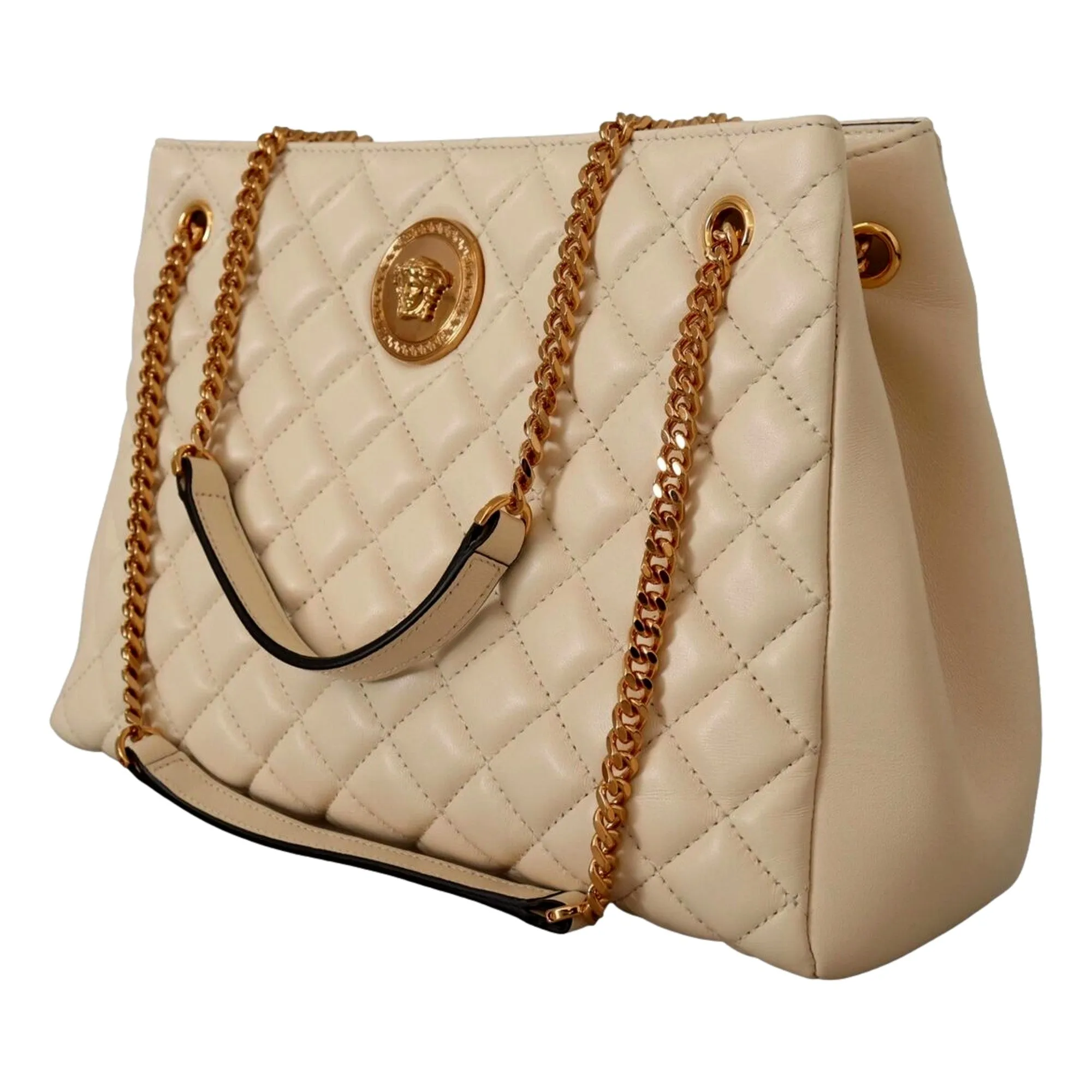 Versace Quilted Ivory La Medusa Chain Strap Tote Bag